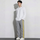 定制春夏秋款 高中小学生男女灰全棉镶双黄杠宽松百搭运动学生校裤