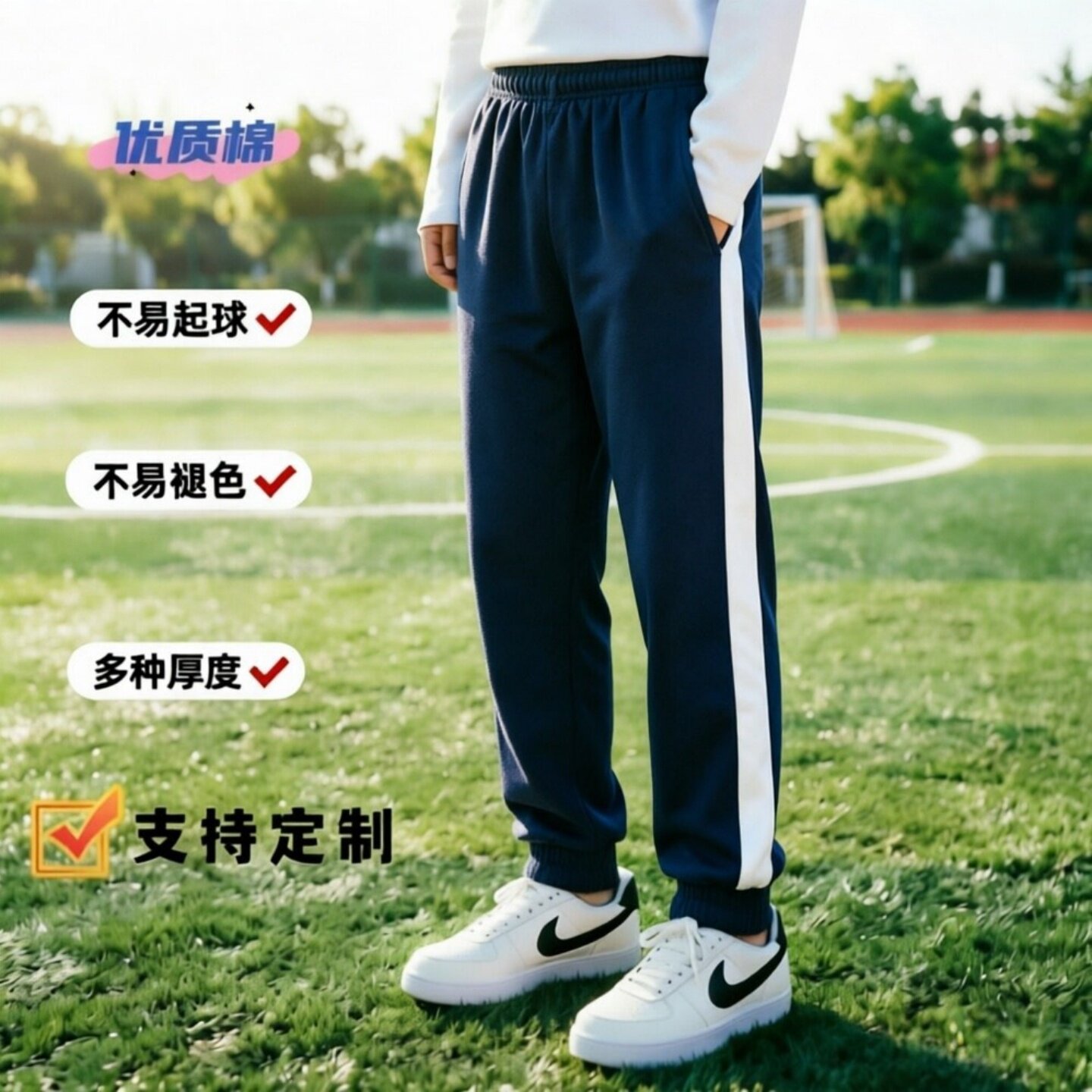 全棉深藏青镶白色宽条杠收脚口