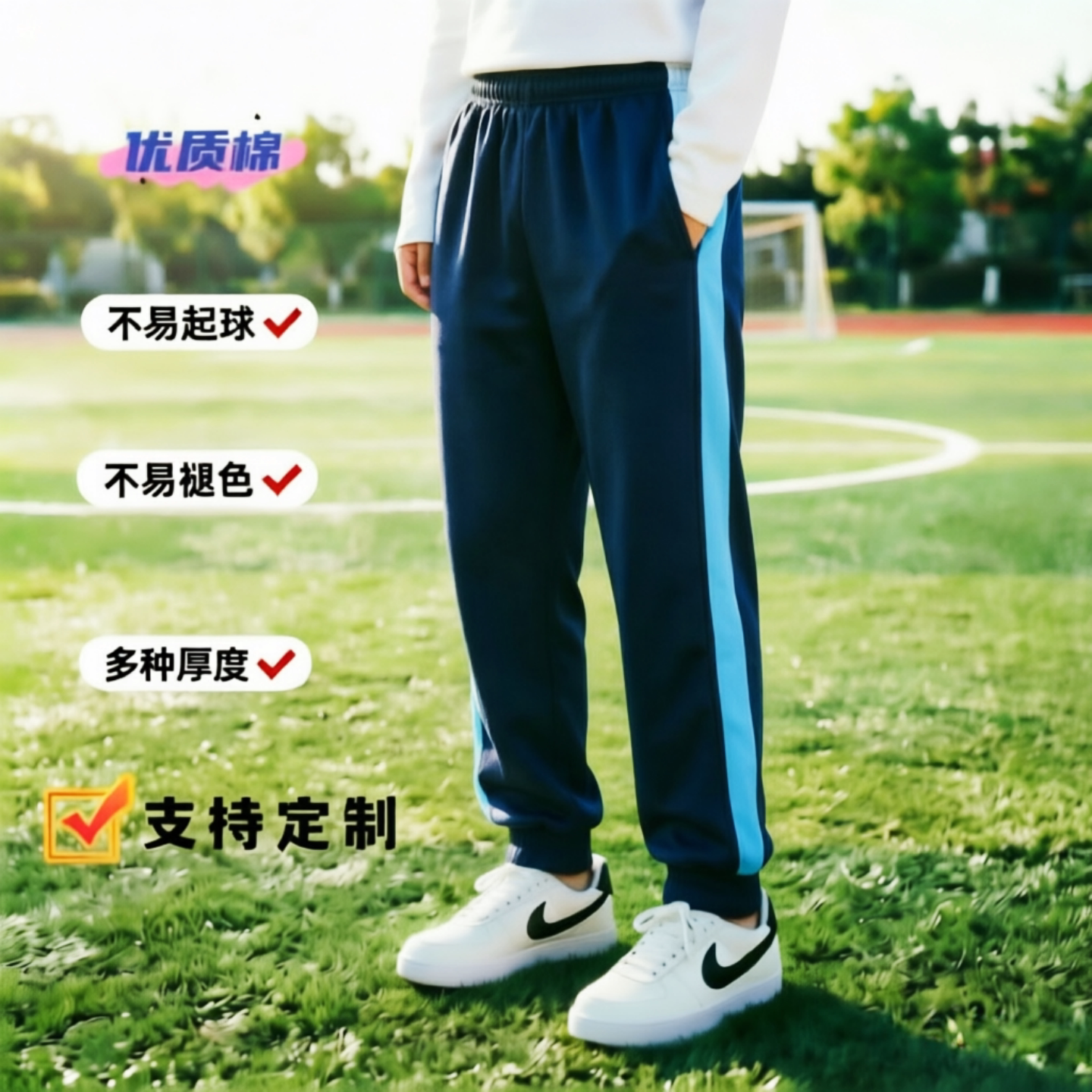 新款定制春夏秋季深藏青全棉天蓝宽边束口休闲运动高中小学生校裤