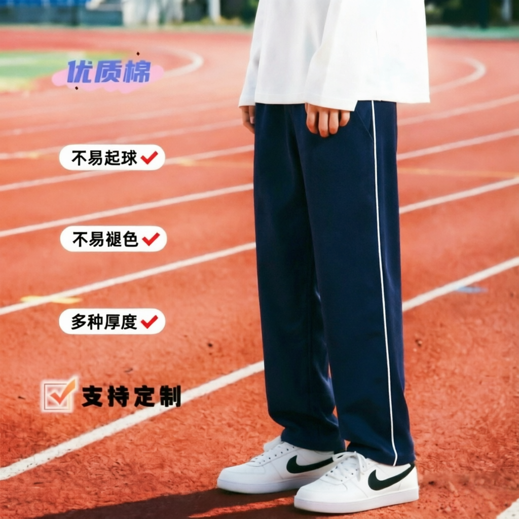 定制春夏秋款超薄全棉藏青镶白细条直筒男女学生运动校服宽松卫裤