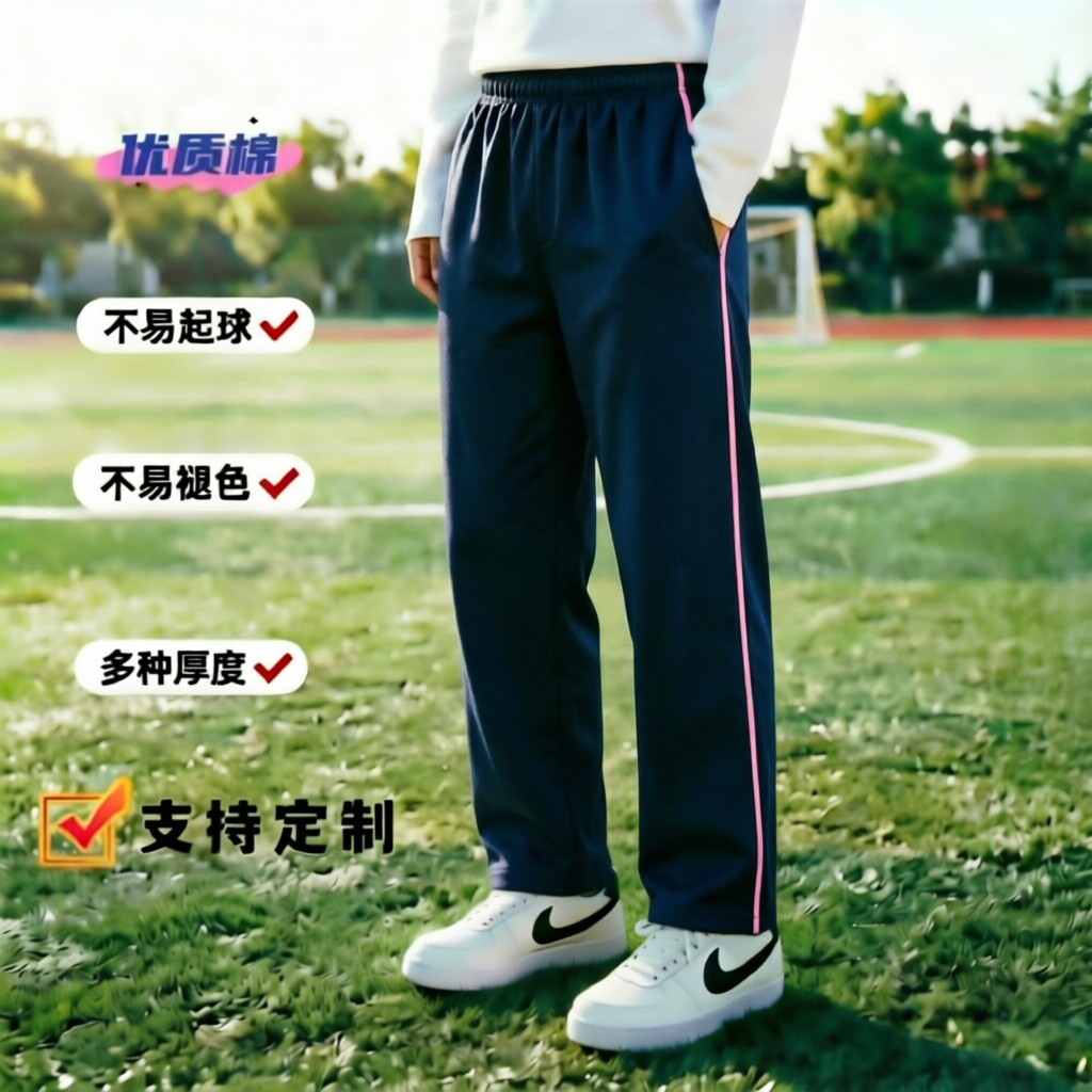 定制春夏秋薄款藏青全棉镶粉细边直筒学生成人男女运动宽松校服裤