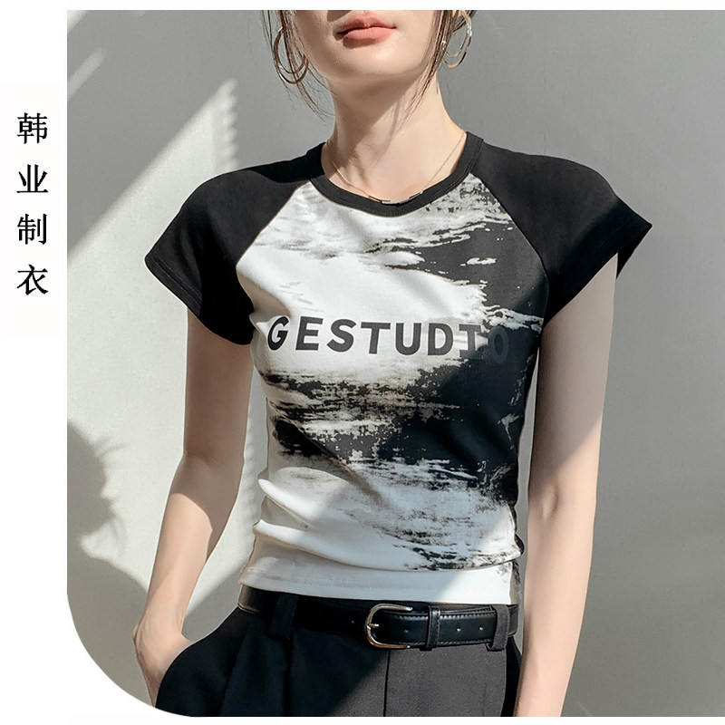 纯棉印花短袖女美式修身打底衫