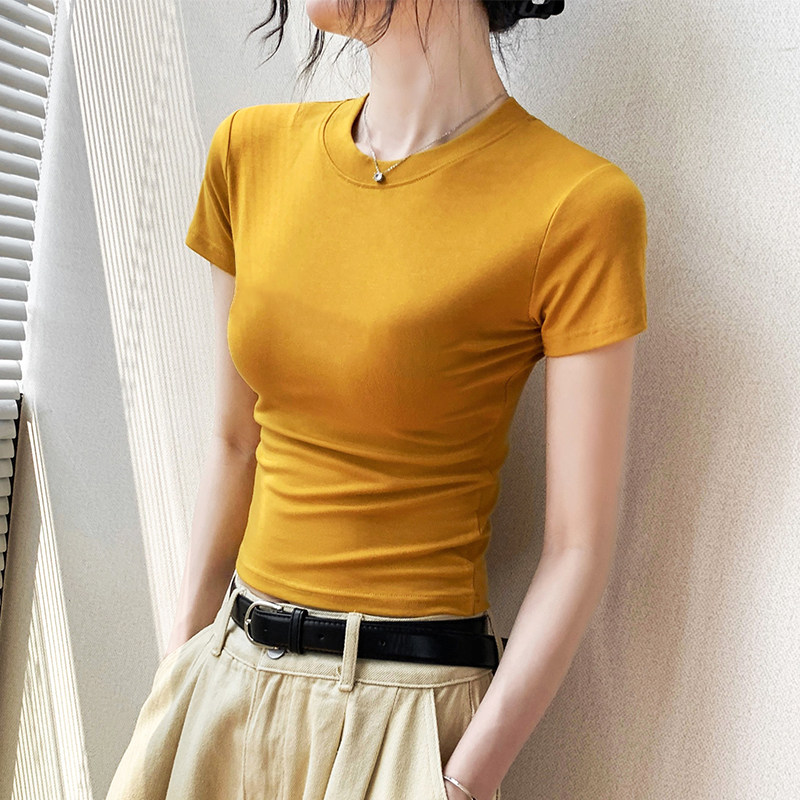 芒果黄短袖t恤女2026夏新款修身显瘦莱赛尔上衣基础款正肩体恤
