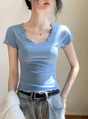 蓝色通勤风花边圆领短袖T恤女2026夏季新款修身显瘦蓝色百搭上衣