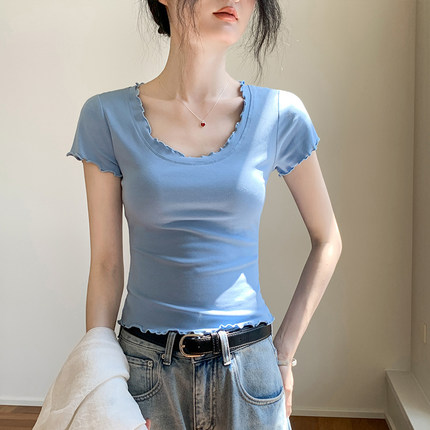 蓝色通勤风花边圆领短袖T恤女2026夏季新款修身显瘦蓝色百搭上衣
