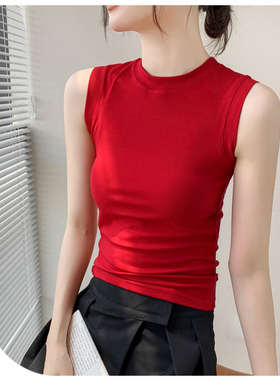 莫代尔圆领背心女2025春季新款纯色修身打底衫红色内搭无袖T恤薄