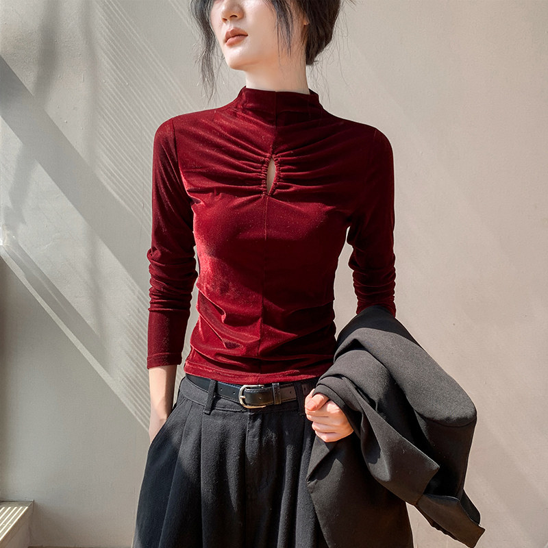 半高领长袖打底衫女秋冬新款修身显瘦内搭打底衫正肩镂空褶皱上衣,女装/女士精品,T恤,淘宝优惠券,粉丝福利购,淘宝优惠卷