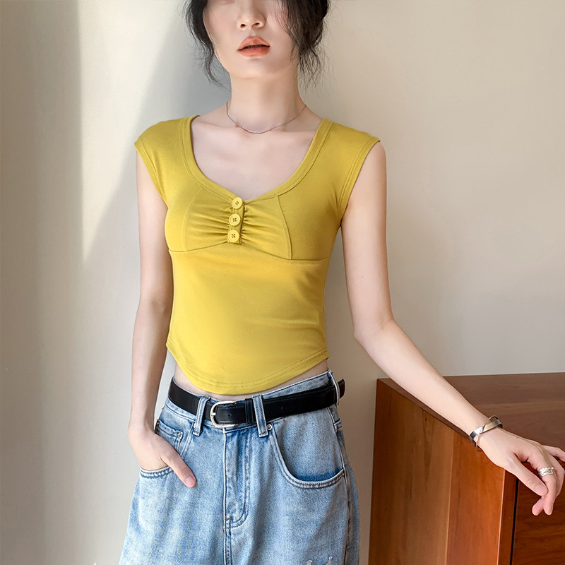歌倍尚v领无袖t恤女夏