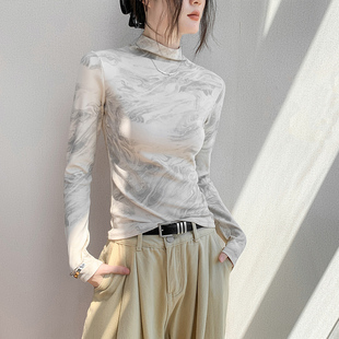 半高领长袖t恤女2025秋冬新款修身显瘦正肩内搭打底衫晕染上衣