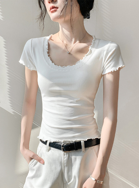 白色大领口蕾丝花边u领短袖t恤女早春新款修身显瘦正肩短款上衣