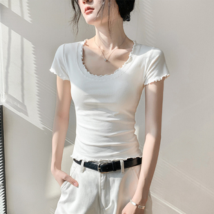 白色大领口蕾丝花边u领短袖t恤女早春新款修身显瘦正肩短款上衣