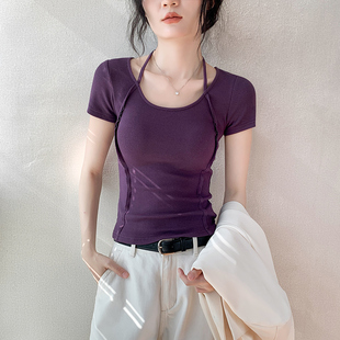 显瘦设计感挂脖收腰上衣 修身 紫色正肩u领短袖 t恤女2026早春新款