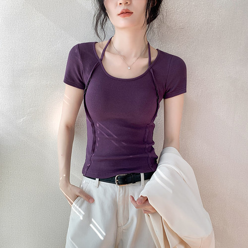 歌倍尚紫色短袖t恤女夏
