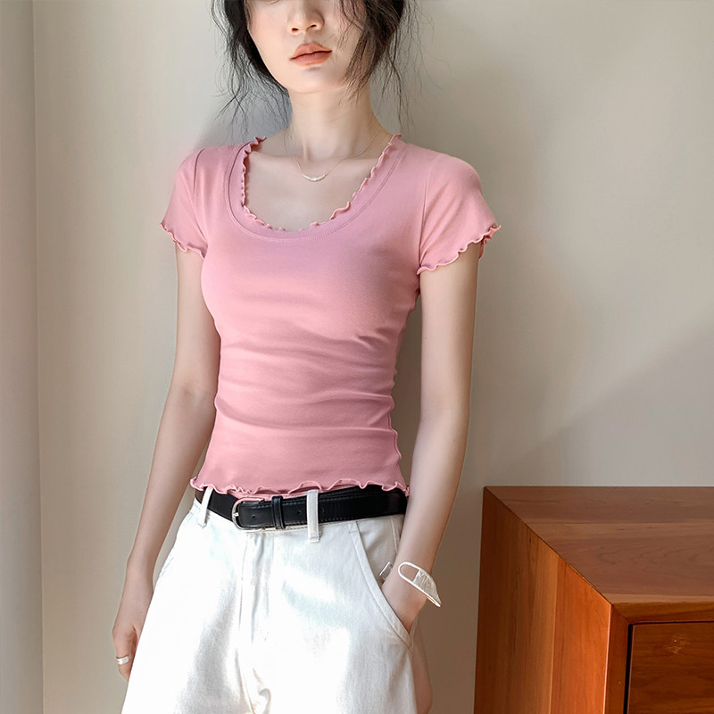 粉色花边圆领短袖T恤女2026夏季新款修身显瘦百搭大领口u领上衣