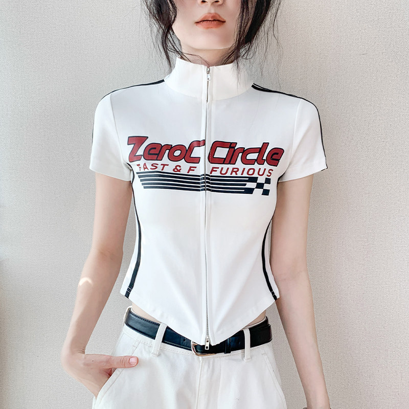 立领印花拉链字母短袖t恤女2026夏季新款修身显瘦正肩三条杠上衣