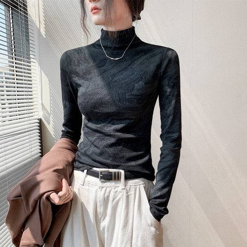 半高领扎染长袖t恤女水墨画上衣