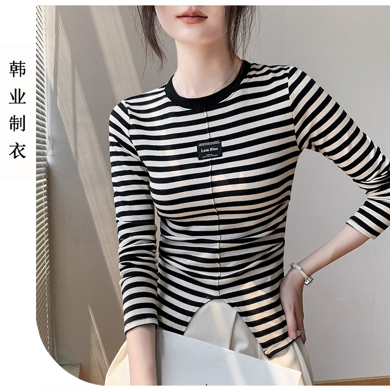 条纹长袖t恤女显瘦打底衫上衣