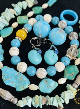 Vintage日本舶来品天然绿松石原矿无优化中古项链手链耳夹戒指Y12