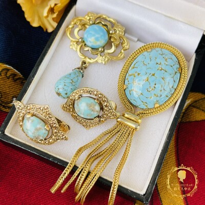 vintage古董AUSTRIA打标BON琉璃SARAH COV仿松石琉璃耳夹胸针A