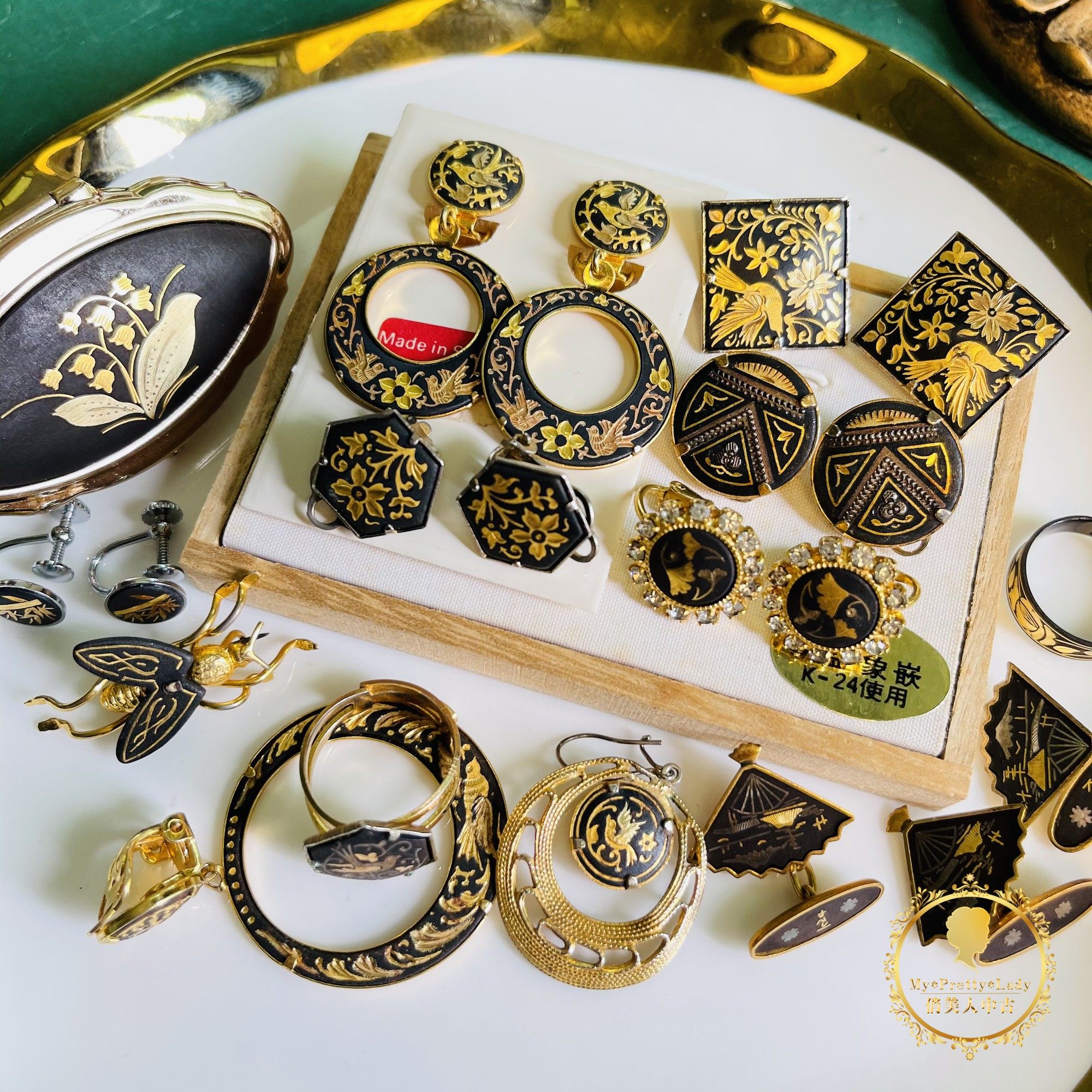 西班牙古典工艺精美花鸟画中古复古耳夹胸针戒指袖扣口红夹g