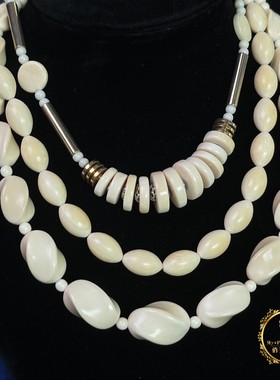 vintage日本古董天然温润有机白色网纹材质老物件海外中古项链Z16