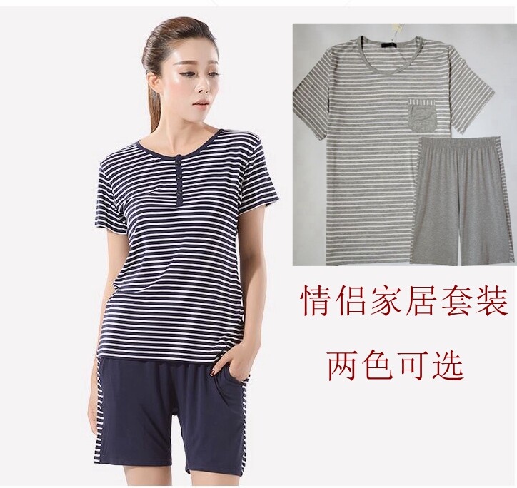 包邮 情侣家居服可外穿夏家居服套装男女短袖短裤套装居家睡衣