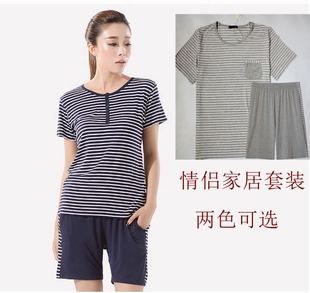 包邮 情侣家居服可外穿夏家居服套装男女短袖短裤套装居家睡衣