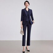 诗璐雅藏青色职业西装 通勤工作服 马甲三件套女干练女神范西服套装