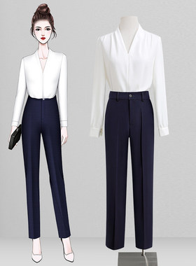 白色职业衬衫女春秋高级感时尚洋气打底内搭v领上衣ol通勤工作服