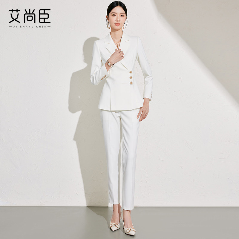 艾尚臣西装外套女士2024新款秋冬气质白色职业套装正装珠宝店工装