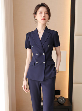 高端职业套装女夏天薄款气质短袖双排扣西服售楼部工作服职场正装