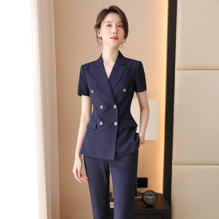高端职业套装女夏天薄款气质短袖双排扣西服售楼部工作服职场正装