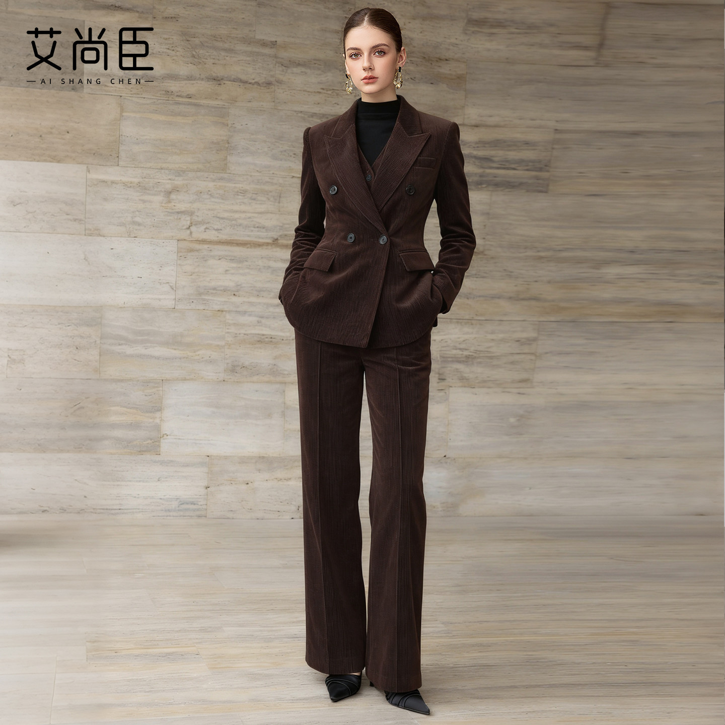 艾尚臣长袖商务西装套装女冬季双排扣收腰西服正装职业装气质女装