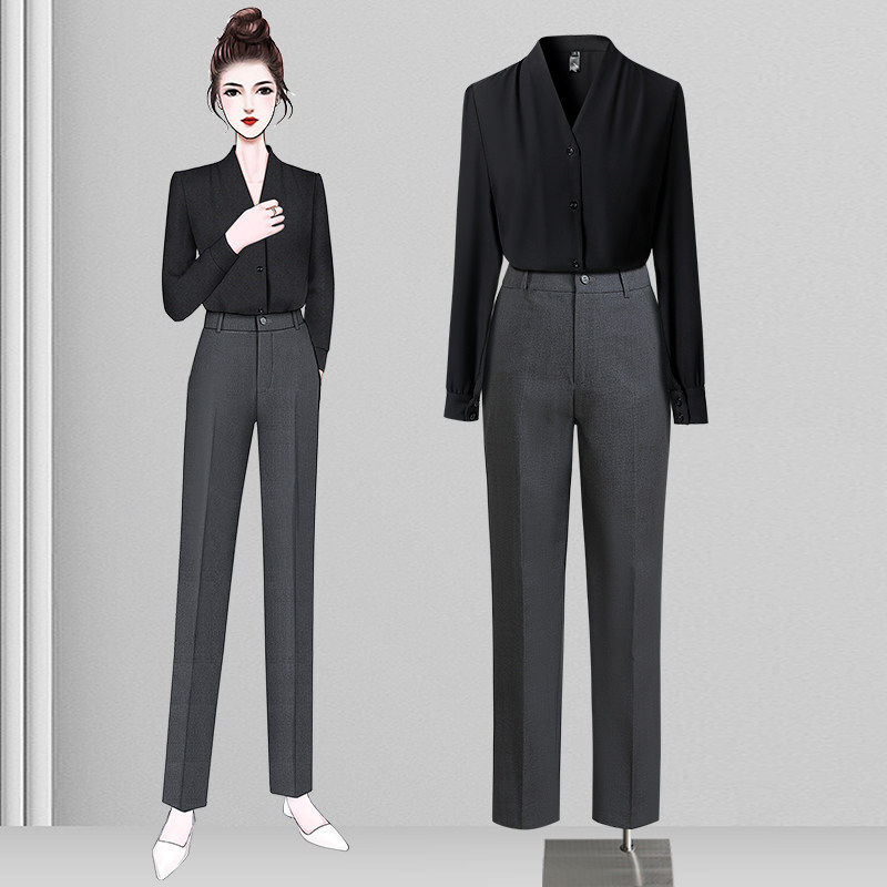 黑色V领长袖衬衫女上衣高级感时尚气质打底衬衣内搭叠穿职业套装