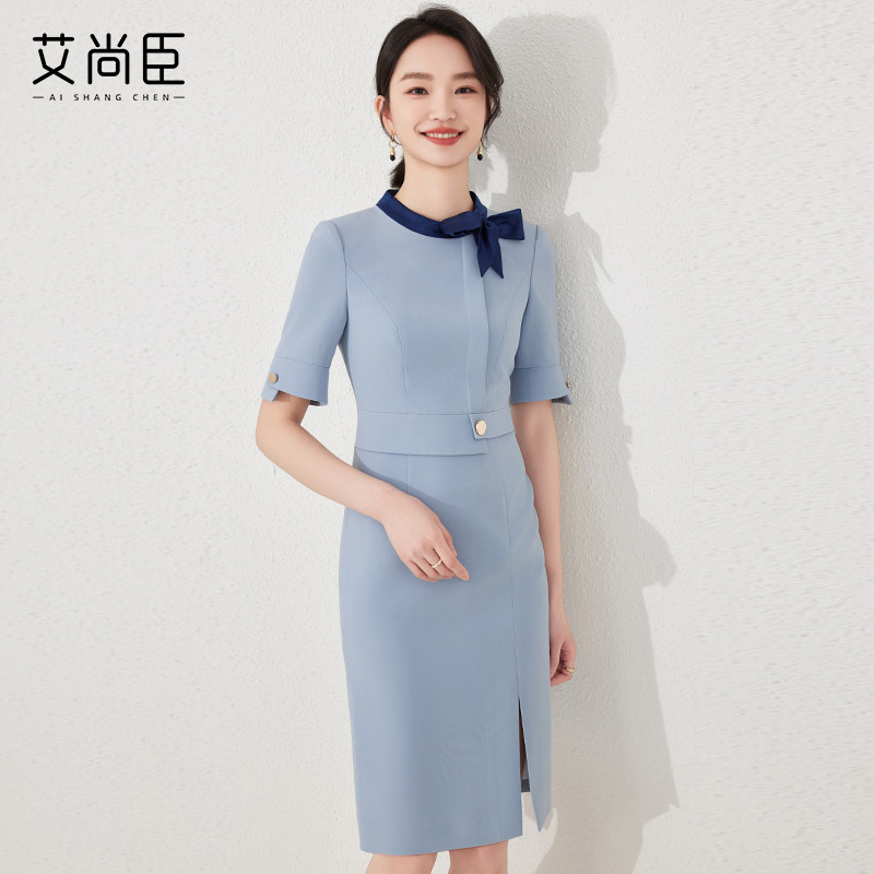 蓝色连衣裙女夏季短袖修身显瘦开叉包臀裙正装播音主持人艺考裙子