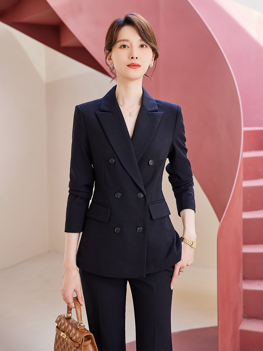 诗璐雅商务正装女长袖西装藏青色双排扣职业套装秋冬面试通勤西服