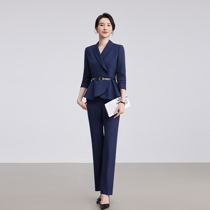 诗璐雅藏青色职业套装女士干练商务西服气质OL空姐制服西装工作服