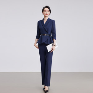诗璐雅藏青色职业套装女士干练商务西服气质OL空姐制服西装工作服