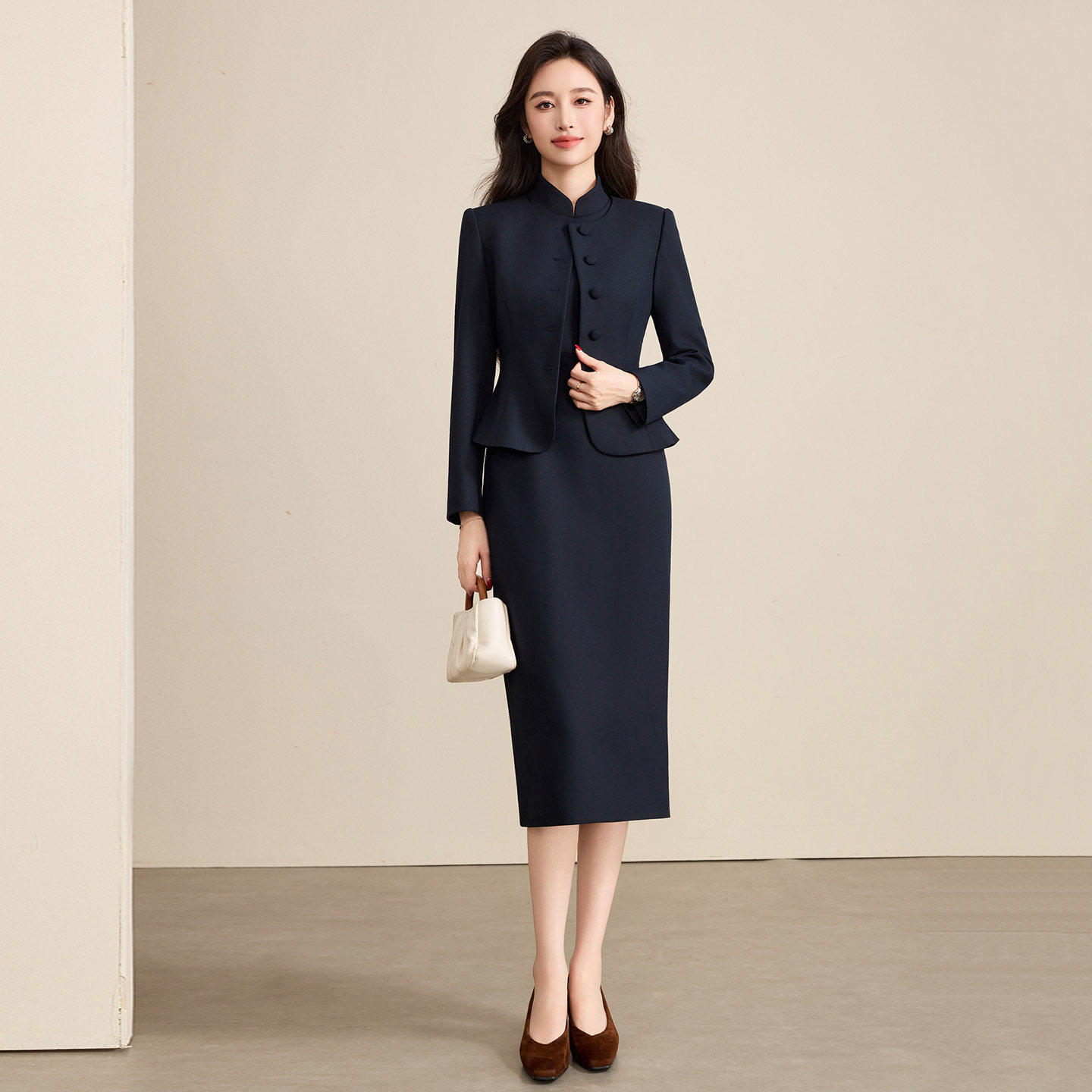 钟老板藏青色新中式旗袍西装外套连衣裙两件套女2026新款气质正装