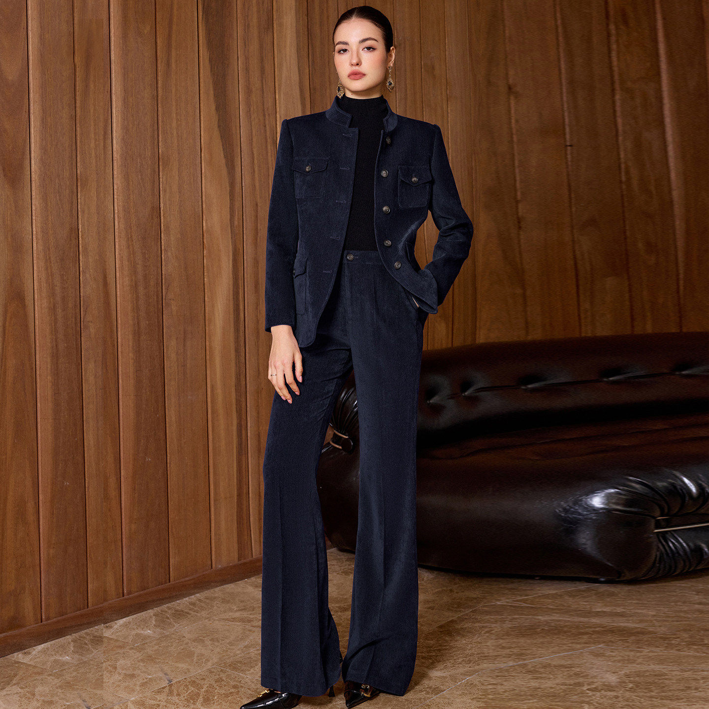 藏青色高级感雪尼尔立领西装外套女春秋修身职业正装老钱风工作服