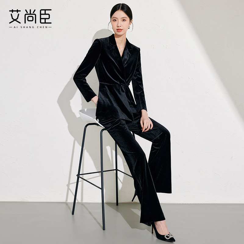 艾尚臣黑色西装套装女2024新款秋冬轻奢高级感职业正装小西服丝绒