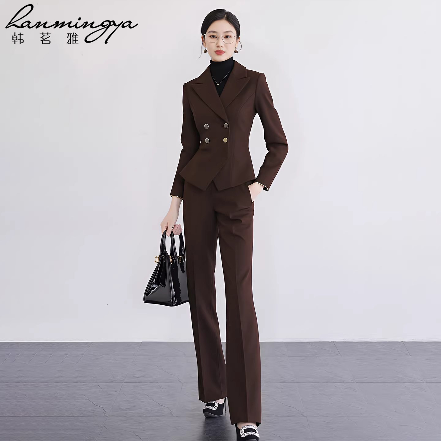 韩茗雅轻奢极简风双排扣西装套装女收腰显瘦通勤职业装2026春秋季