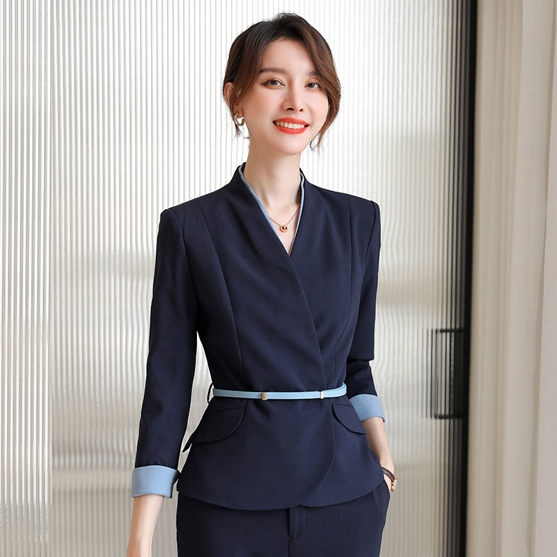 诗璐雅2026年春秋季通勤职业装空姐范修身藏青色小西装外套女长袖