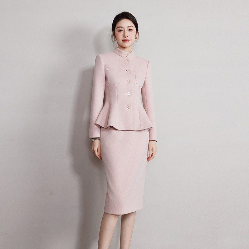 钟老板 名媛高级感西装套装女秋冬新款粉色收腰外套半身裙两件套