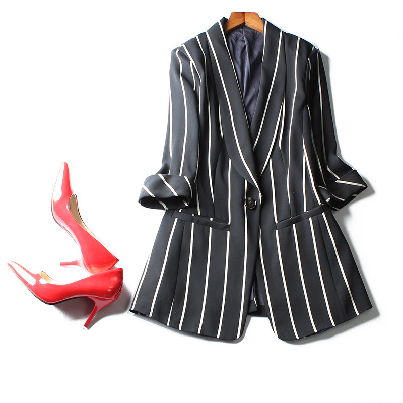 EARLY AUTUMN CAPABLE AND ELEGANT SHAWL COLLAR SUIT IS THIN VERTICAL STRIPES WAIST PULL-UP SLEEVES SMALL SUIT LONG COAT TIDE