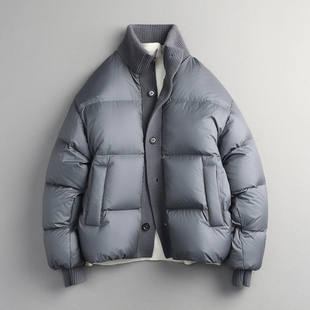 韩系极简针织拼接立领防寒羽绒服90白鸭绒情侣款泡芙加厚羽绒外套