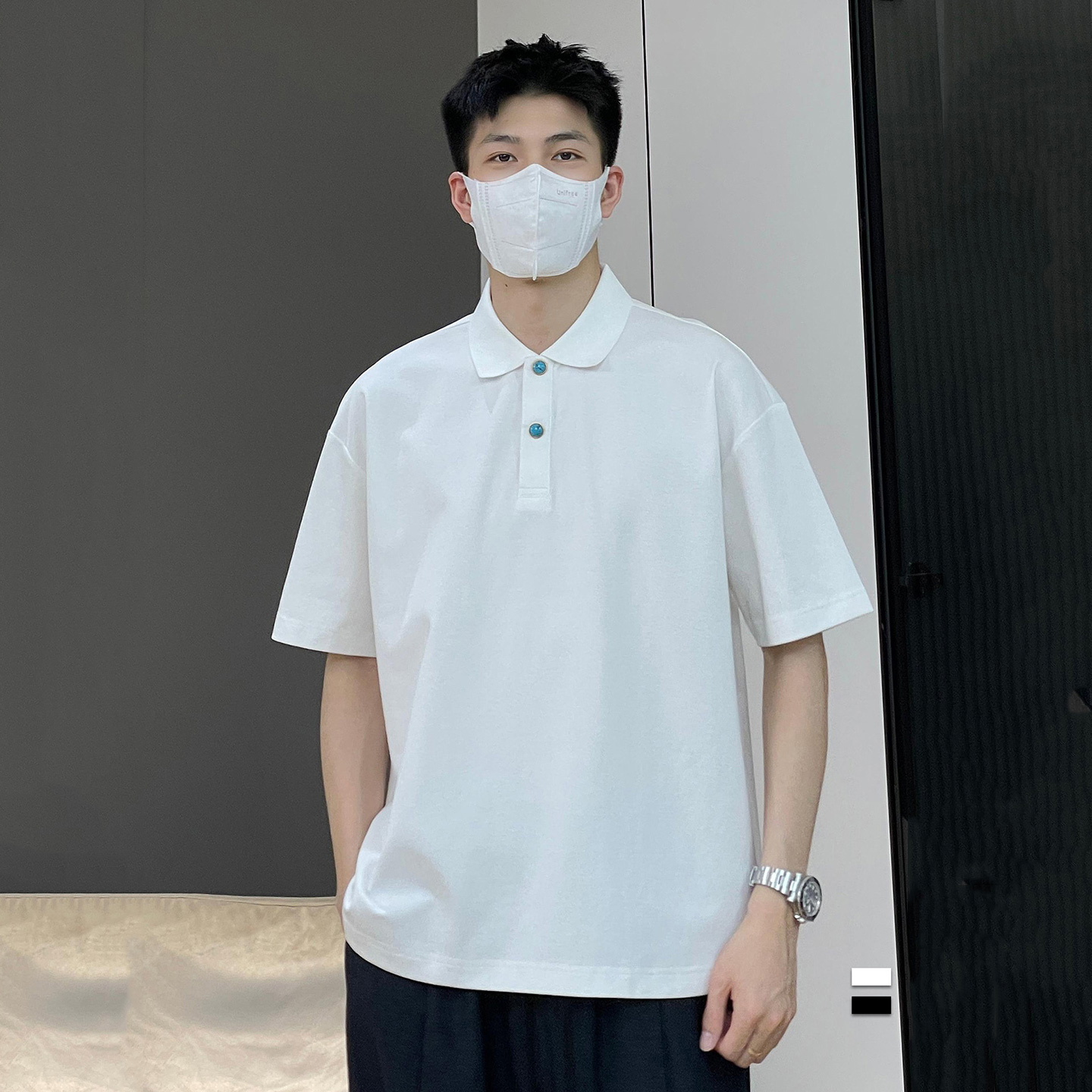 日系复古绿松石纽扣翻领POLO衫