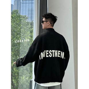 针织衫 潮牌宽松休闲百搭情侣款 外套男秋冬季 重磅900g字母毛衣开衫