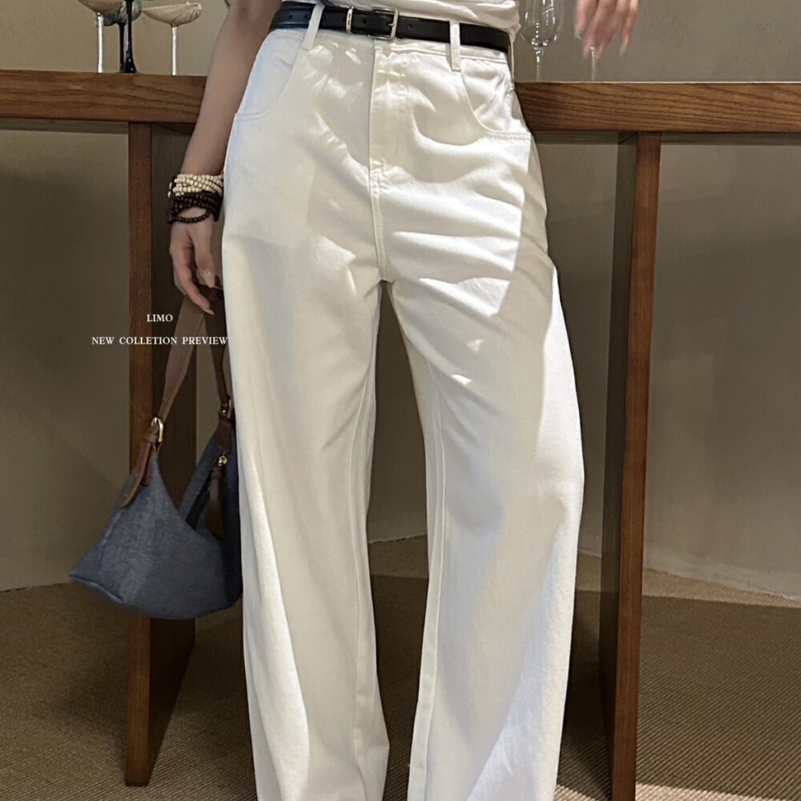 LIMO老钱经典白色直筒牛仔裤女