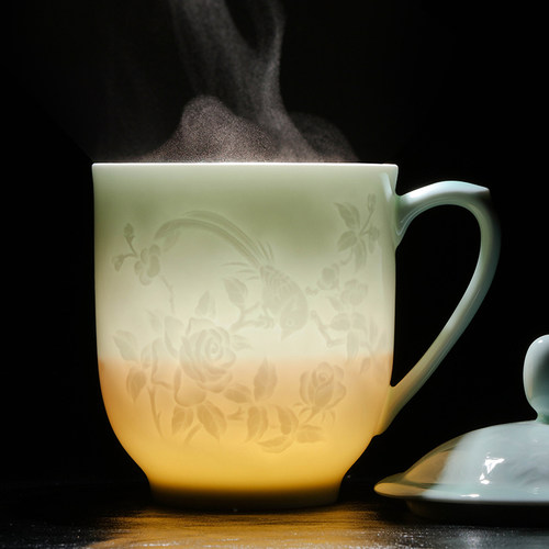 影青雕刻陶瓷茶杯带盖办公杯